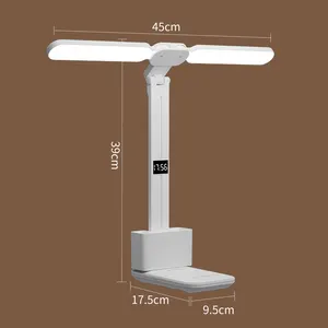 Reasonable price led rechargeable clock folding desk lamp with two heads dormitory reading table lamp