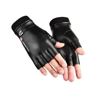 Jsrsth Men's Half-Finger Leather <b>Gloves</b> Black Winter <b>Fleece</b> <b>Lined</b> Waterproof Windproof Cycling <b>Gloves</b> For Delivery Workers - Product Image 2