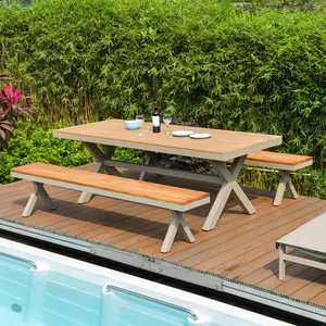 2.2米花园野营长桌双椅套装塑料木质科技人造户外庭院家具防水柚木彩色
