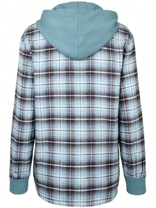 Vestes boutonnées personnalisées pour femmes avec logo, design à double couche, flanelle à l'intérieur, tissu éponge français à l'extérieur, sweat à capuche vintage à carreaux - Product Image 3