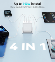 Chargeur rapide USB C USB A GaN 140W, adaptateur mural multi-ports US PD QC haute puissance, charge rapide pour iPhone, Samsung, tablette, Macbook