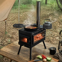 Poêle à bois portable pliable en acier au carbone noir 460 avec grande fenêtre de visualisation, plaque de cuisson et grilles métalliques pour le camping
