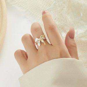 Two Tone Gold Bow Open <b>Ring</b> <b>Adjustable</b> Elegant Index Finger Party Jewelry R17242 - Product Image 2