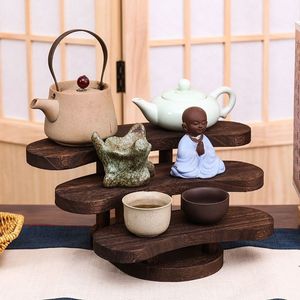 New Chinese style antique display shelf, solid wood <b>teacup</b> holder, multi-layered desktop retro ornament, home tea set, teapot - Product Image 1