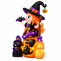 Décoration gonflable d'Halloween sur citrouille avec chat noir, chauve-souris et balai, pour extérieur, jardin, pelouse, fête, vacances