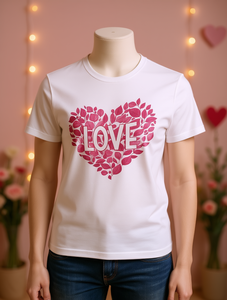 T-Shirt con Cuore Floreale da Donna, Vestibilità Regolare, Collo Tondo, Manica Corta, 100% Cotone Jersey, Primavera Estate, Casual, San Valentino - Product Image 2