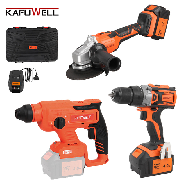 KAFUWELL PA4544H Hot Sale Cordless Rechargeable 3-Piece Brushless Professional Angle Grinder Impact Drill Electric Tool Box Set