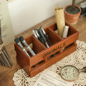 Wooden Retro Pen Holder Storage <b>Box</b> Rectangle Desktop Organizer For Stationery <b>Makeup</b> Brushes No Lid Originals Pattern - Product Image 1
