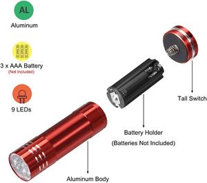 Linterna LED Mini de Aluminio, Diseño Delgado y Práctico, 9 LED, con Cordón, Pila AAA No Incluida, Multicolor, para Camping y Senderismo - Product Image 3