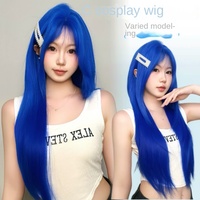 Wig Sintetis Lurus Panjang Biru Cerah dengan Poni Udara Tahan Panas untuk Pesta Sehari-hari Wig Penutup Kepala Penuh