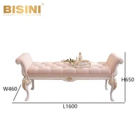 Banc de bout de lit en velours rose, banc de lit princesse français artisanal avec cadre en bois sculpté, banc rembourré pour chambre à coucher pour filles