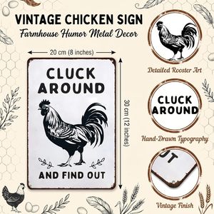 Divertente Targa in Latta con Grafica 'CLUCK FIND' 8x12 Pollici Modello 3020 Bianco/Nero con Fori Pre-Forati per Casa, Fattoria, Pollaio - Product Image 2