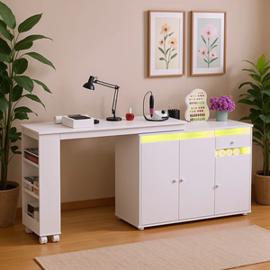 Table de manucure en forme de L avec collecteur de poussière, bureau à ongles avec armoire de rangement, poste de travail à ongles rotatif et convertible avec lumière LED - Product Image 4