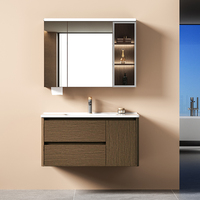 Meuble-lavabo/coiffeuse de salle de bain de luxe en acier inoxydable effet bois, avec miroir intelligent intégré et vasque en céramique, pour hôtels
