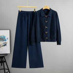 Conjunto de Punto <span class=keywords><strong>con</strong></span> Cuello Polo ELEGANTE para Mujer, Estilo Transfronterizo, Otoño Invierno, Nuevo Suéter de Manga Larga, Abrigo, Conjunto de Pantalones Anchos 0857 - Product Image 3