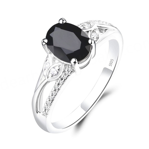 Bague en argent sterling 925 avec onyx noir plaqué rhodium, pierre précieuse ovale en quartz, bijoux de mariage pour fête pour hommes et femmes - Product Image 1
