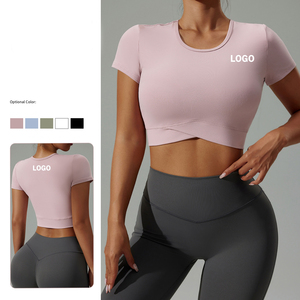 Maglietta da <span class=keywords><strong>donna</strong></span> personalizzata gilet <span class=keywords><strong>Fitness</strong></span> di alta qualità sport a maniche corte palestra allenamento Crop Top allenamento Yoga t-shirt per donne stile Casual - Product Image 1