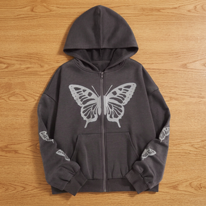 Sudadera con Capucha Unisex Gris Oscuro con Cierre y Estampado de Mariposa Plateada, Corte Holgado Informal para Otoño - Product Image 3