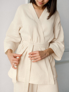 Solid <strong>Cotton</strong> Crepe Loose Cardigan Lace-up Women's Long Sleeve Pyjamas Custom Sleepwear Lounge <strong>Wear</strong> Sets for Women's Pajamas - Product Image 6