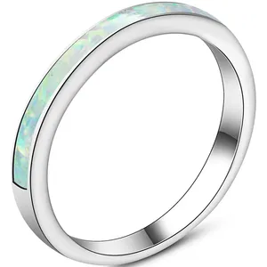 Yiwu Meise Stainless Steel Fire Opal Inlay Half Eternity Wedding Ring