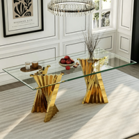 Table à manger rectangulaire moderne avec plateau en verre trempé, base en métal à lattes torsadées dorées, table à manger minimaliste pour la salle à manger à domicile