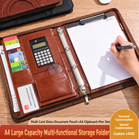 Porte-documents multifonctionnel en cuir PU A4 avec logo personnalisé, fermeture éclair, calculatrice, porte-cartes de visite et anneaux de reliure