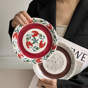 Plato <span class=keywords><strong>de</strong></span> Presentación FENN para Desayuno Francés, Diseño Floral Retro <span class=keywords><strong>de</strong></span> Cerámica, Plato Italiano para Pasta, con Patrón Esmaltado, para Bodas - Product Image 6