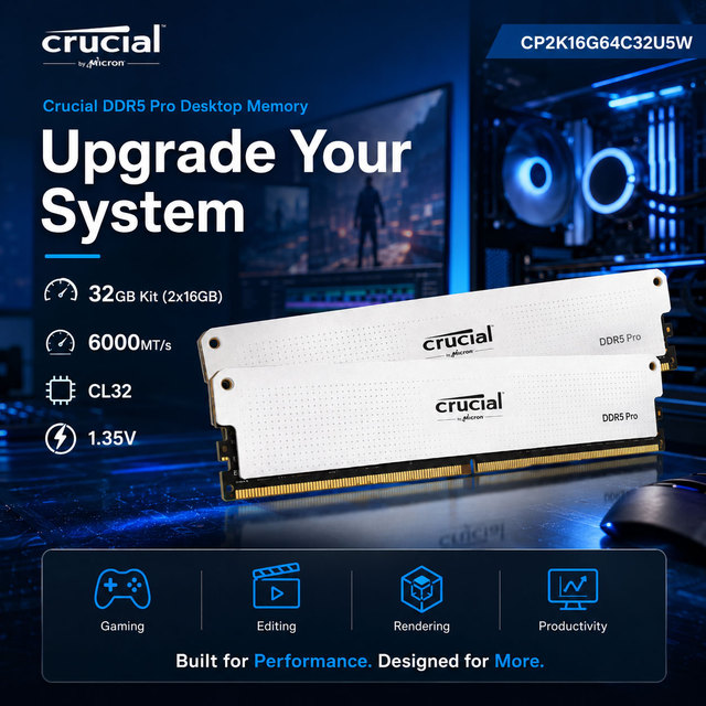 Crucial 32GB Pro DDR5 6400 MHz Memory Kit CP2K16G64C32U5W