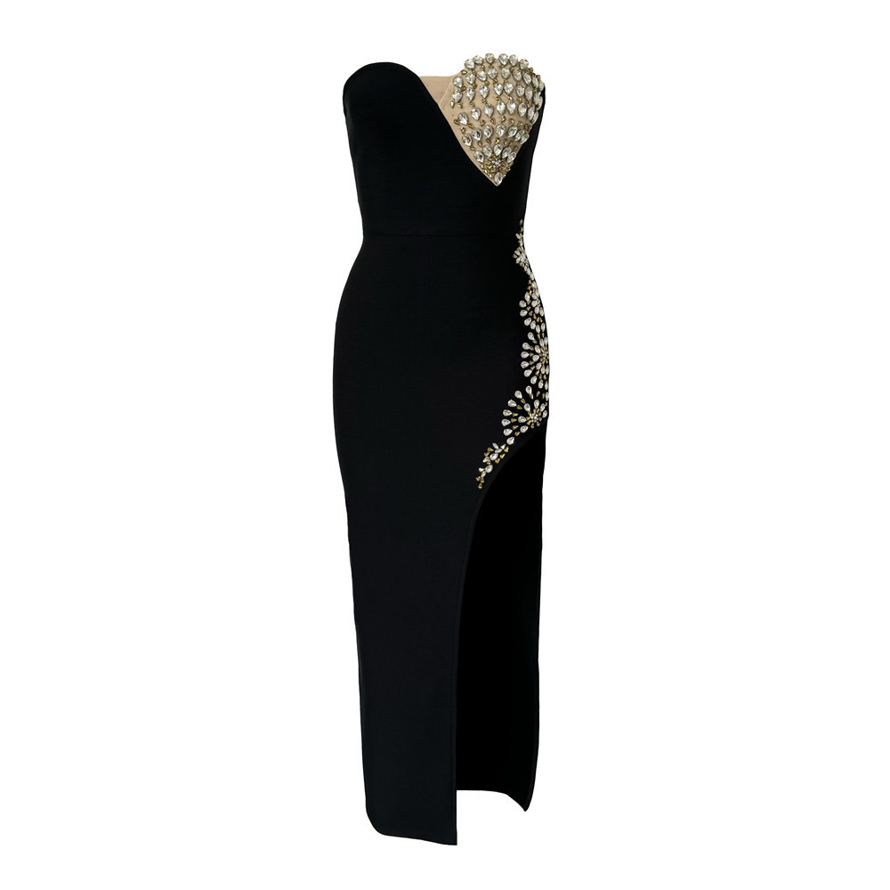 black business dress women High Neck Long Sleeve Diamond Plain Mini Bandage Dress