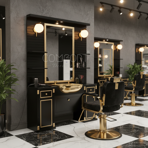 Moderna Estación de Barbería Comercial de Lujo en Dorado y Negro con Espejo de Madera para Salones de Belleza y Barberías TR Origin - Product Image 3