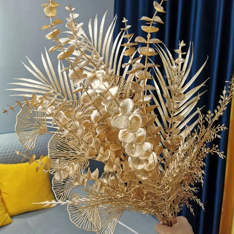 Toptan altın yapay çiçek okaliptüs düğün dekorasyon Arragement yapay bitkiler altın çiçek