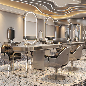 Miroir de Salon Moderne en Acier sur Pied, Table Coiffure Simple Face Effet Marbre, Poste de Travail pour Studio de Beauté - Product Image 3