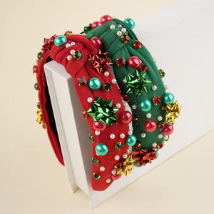 اكسسوارات زهرة الترتر باللون الأخضر والأحمر الأوروبي والأمريكية ، عصابة رأس لؤلؤ ، عقال قماش معقود لعيد الميلاد - Product Image 4