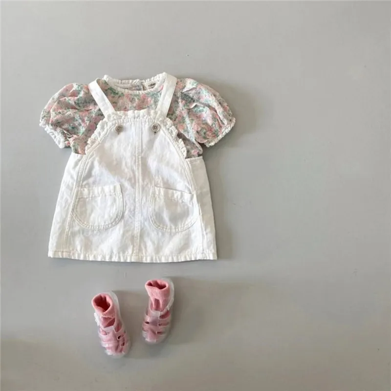Falda con tirantes de tela vaquera para niña pequeña, vestido + Camiseta de algodón de manga corta floral, conjunto de Vestido de estilo a la moda para bebé