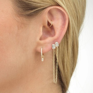 LOZRUNVE Hawaiian Jewelry Wholesale Sterling Silver Bezel 2 Double Piercing <strong>Chain</strong> <strong>Stud</strong> <strong>Earring</strong> 925 - Product Image 2