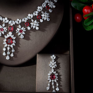 HIBRIDE Set kalung merah elegan dengan AAA kubik zirkonia desain terkenal untuk wanita bentuk tetesan air pernikahan Sieraden N-891 - Product Image 3