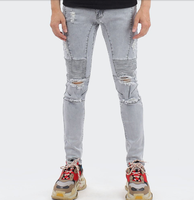Nouveau jean pour homme pantalon slim stretch à jambe droite pantalon plissé décontracté déchiré jeune jean motard