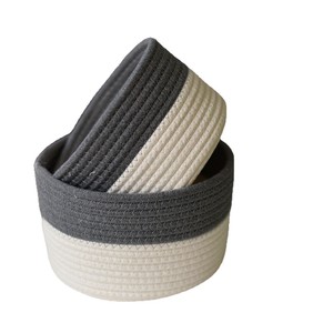 Round Woven Cotton <b>Storage</b> <b>Baskets</b> <b>White</b> Dark Gray Handmade For Cosmetics Toys Organizer Standing Type - Product Image 5