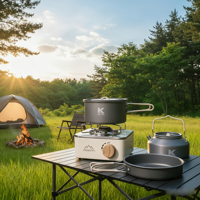 Estufa de Cocina Portátil Resistente, Estufa de Camping sin Humo con Juego Completo de Utensilios de Cocina para Viajes de Camping en Familia y Solitarios