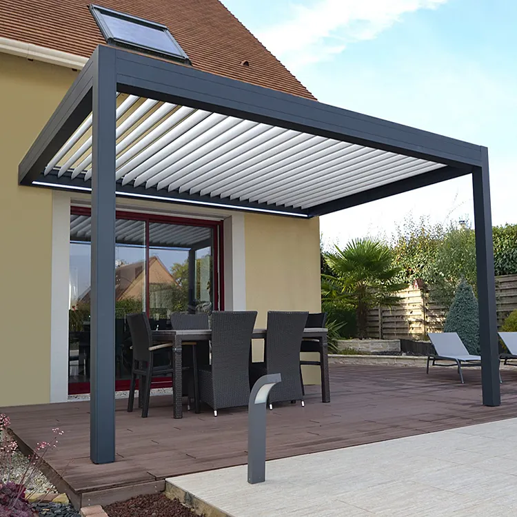 Windproof Louvre pergola with LED strip 4x6 6x8 12x10 customize pergola Construction for sale