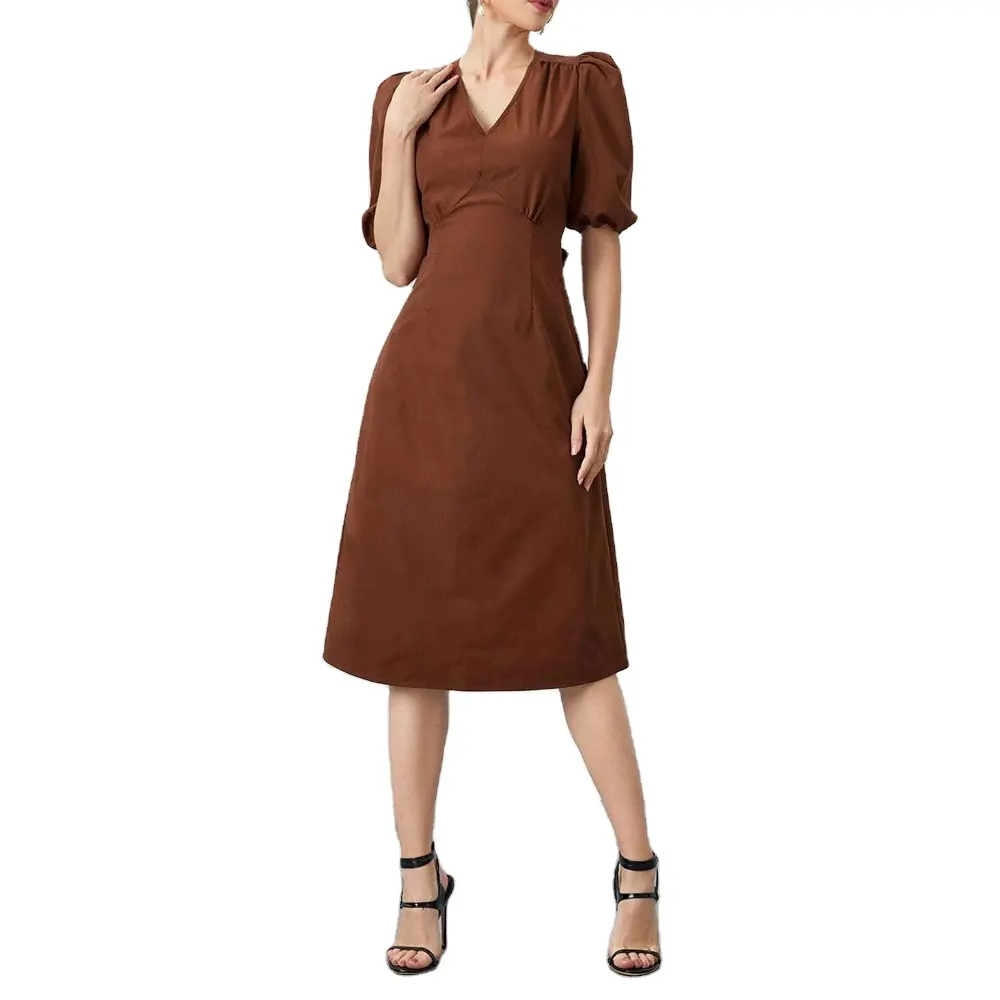 New Fashion Vintage V-Ausschnitt Puff ärmel Fliege Rücken loses Kleid Frauen Sommer Koreanischer Stil Solid Brown Farbe Midi Kleider