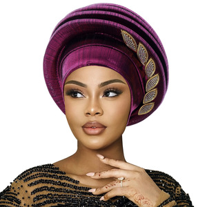 Turban africain Gele nigérian pour mariage, foulard auto-attachable pour <span class=keywords><strong>femme</strong></span> en tissu Aso Oke, élégant accessoire de <span class=keywords><strong>mode</strong></span> musulmane pour voyage et fête - Product Image 6