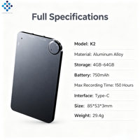Perekam Suara Profesional K2 Ultra-tipis 150H WAV Rekaman Waktu Panjang Berbahan Aluminium Alloy Tipe-C Isi Ulang dengan 1 Klik
