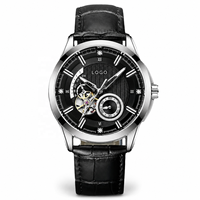 Montre mécanique lumineuse avec fermoir à boucle ardillon, boîtier en alliage, bracelet en cuir véritable, étanche 30M, design de luxe et tendance pour