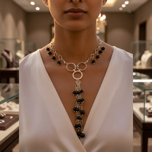 Elegant Women's Silver Plated <b>Statement</b> <b>Necklace</b> With Onyx Beads Geometric Design Party Jewelry - Product Image 3