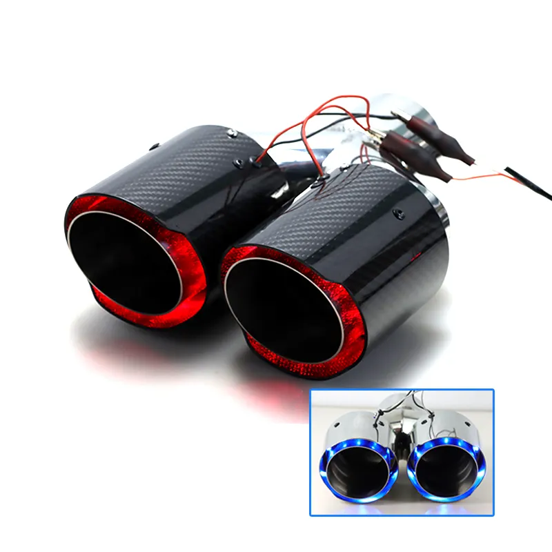 LED exhaust muffler tips real carbon fiber dual pipes with red or blue light universal modify exhaust tip