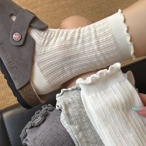 Women Mesh Mid Calf Socks Thin Breathable Hollowed Out Solid Color White Lace Edge Ins Style - Product Image 2