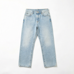Jean en denim bleu de haute qualité, coupe décontractée, jambe large, style streetwear américain, délavage clair, coton et élasthanne pour homme - Product Image 1