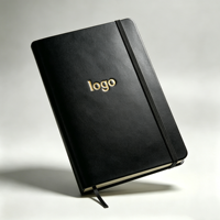 Carnet de notes A5 en cuir PU noir, reliure parfaite, couverture rigide, pages lignées standard 80 GSM, coins arrondis, logo personnalisé en feuille d'or