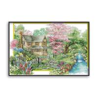 Kit de Broderie Point de Croix DIY Paysage Romantique Champêtre avec Villa, Jardin et Ruisseau pour Débutants – Décoration Artistique